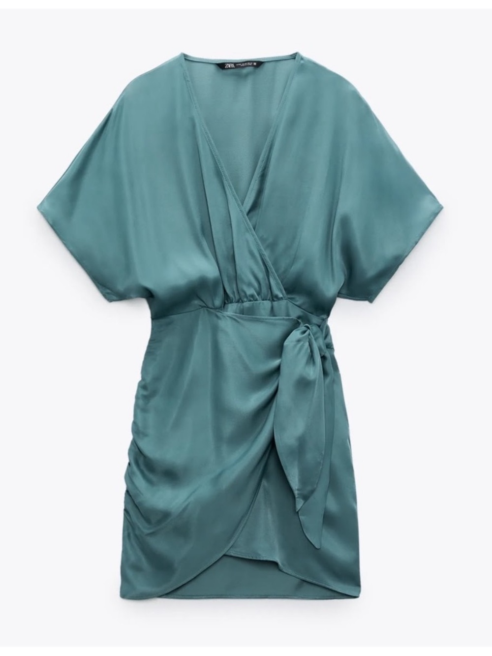 Zara Teal Green Satin Effect Kimono Sleeve Wrapped Mini Dress size Small NWT